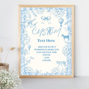 Custom Sign Blue Toile Safari Baby Shower,Vintage French All Blue Floral Safari Animal Theme,Blue Toile Printable Baby Shower Decor B01
