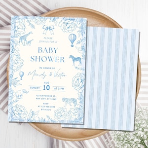 Blue Toile Safari Baby Shower Invitation,Safari Animal Baby Boy Shower Digital Invite,Toile de Jouy Baby Shower Invite Dusty Blue Safari B01