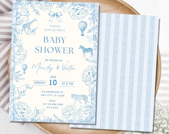 Invitación para baby shower de safari en azul, invitación digital para baby shower de niño con animales de safari, invitación para baby shower de toile de jouy, safari azul polvoriento B01