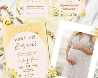 Bewerkbare honingbij babyshower uitnodigingsbundel, een beetje honing is onderweg douche uitnodigen neutrale wilde bloem moderne bij babyshower B04