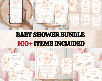Bunny Baby Shower Bundle Templates,A Little bunny is On the way Invitation Template,Its a Girl Sweet Bunny Invite Bundle Cute Bunny B05