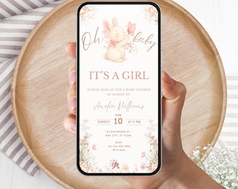 Invitación móvil editable para baby shower de conejito lindo rosa. Un conejito está en camino. Es una niña. Flores elegantes rosas B05