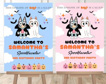 Editable Blue Dog Halloween Welcome Sign Spooky Party Decor Pink Blue Halloween Custom Sign Blue dog party decor Digital Download H1