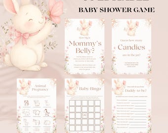 Editable Bunny Girl Baby Shower Games Bundle, Pink Floral Baby Shower Game Pack, Some bunny is on the way Baby Shower Game Bundle B05