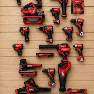 May include: A collection of red and black Milwaukee power tools including drills, impact drivers, a circular saw, a reciprocating saw, a chainsaw, a multi-tool, and a rotary hammer, all arranged together on a light brown wooden surface.