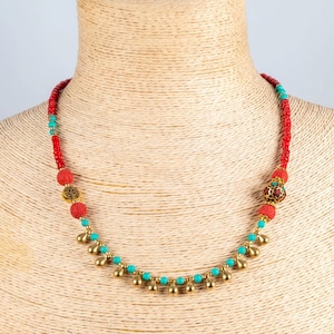 Bohemian Beaded Necklace - Red & Turquoise Tribal Jewelry | Handmade Wthnic Necklace with Brass Charms