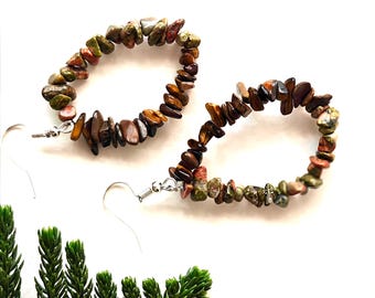 Handmade Jasper & Tiger's Eye Gemstone Chip Hoop Earrings