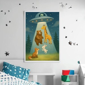 Whimsical UFO Animal Abduction Print: Nursery Wall Art