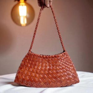 Brown Woven Leather Shoulder Bag ,Minimalist Clutch, Trendy Baguette Purse, Boho Unique Gift for Her, Crossbody Style.