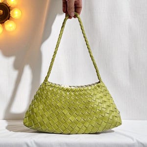 Lemon yellow Woven Leather Shoulder Bag ,Minimalist Clutch, Trendy Baguette Purse, Boho  Unique Gift for Her, Crossbody Style.