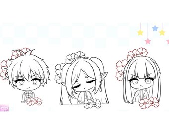 Chibi Frieren, Fern & Stark Coloring Page – Printable PDF – Anime Digital Download