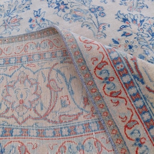 Vintage Persian Rug 7.7x10.6 ft – Ivory Blue Floral Oriental Carpet, Large Handmade Wool Area Rug, Traditional Living Room Decor