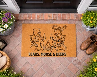 Bear and Moose Campfire Coir Doormat: Rustic Cabin Welcome Mat