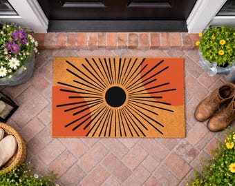 Sunburst Doormat, Mid Century Modern Entrance Rug, Boho Coir Mat