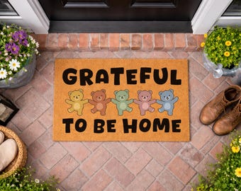 Grateful To Be Home Doormat, Grateful Dancing Bears Welcome Mat, Rainbow Housewarming Gift, Funny Custom Outdoor Entryway Mat, Welcome Mat