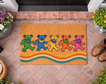 Paillasson rétro ours ondulés, tapis de bienvenue vintage ours colorés, tapis d'entrée coucher de soleil groovy, tapis d'entrée extérieur amusant, idées cadeaux pour une nouvelle maison