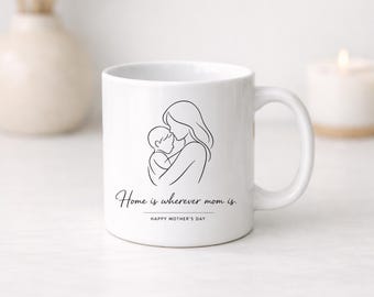 Mok moeder, Moederdagcadeau voor moeder, mok met minimalistische lijntekeningen, thuis is waar moeder is, aangepaste koffiemok, cadeau nieuwe moeder, cadeau voor moeder