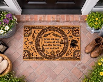 Heksenachtige deurmat met zegen, stenen salie bezembel, heidense veranda decoratie