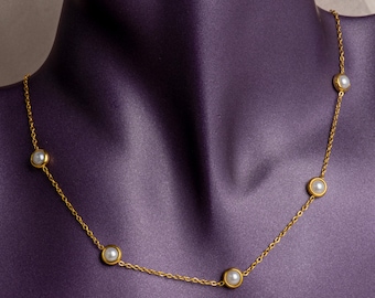 Collar de acero inoxidable dorado con bisel de Pearl Station, regalo de joyería minimalista delicado