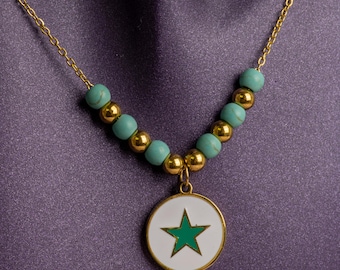 Collar de acero inoxidable dorado con infinito y estrella turquesa en capas, que no se deslustra, regalo de la suerte