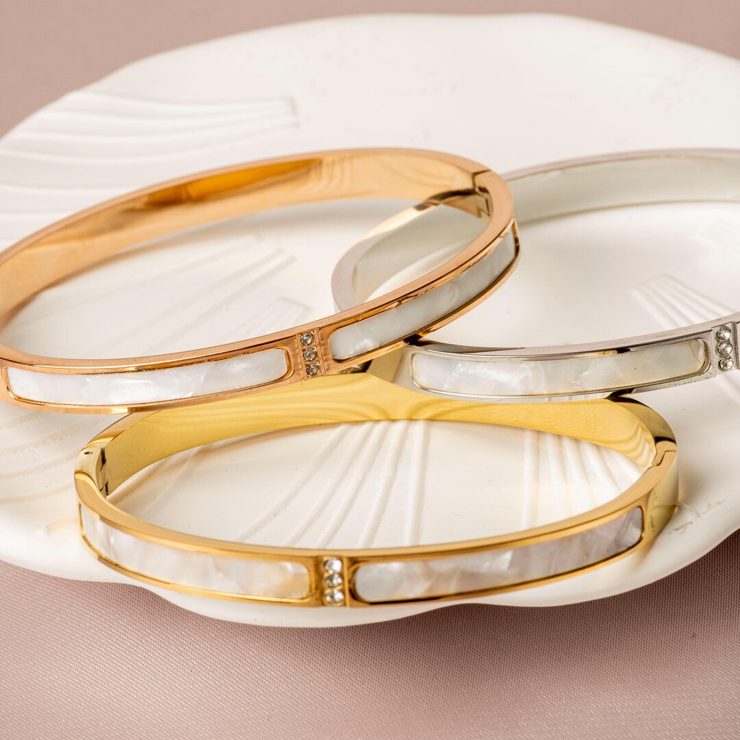 Pearl Inlay Bangle Bracelet: 18K Gold Plated, Crystal Accent, Tarnish ...
