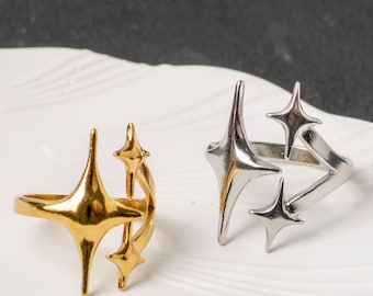 Anillo escultural de estrella dorada y plateada, no se deslustra, ajustable, de acero inoxidable, regalo