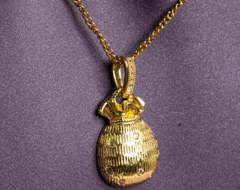 Collar de acero inoxidable dorado con forma de bolsa de dinero brillante y circonitas, amuleto de riqueza que no se deslustra.