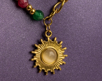 Collar asimétrico de acero inoxidable dorado con diseño de rayos de sol, cadena mixta, piedra natural, regalo bohemio