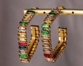 Pendientes de aro con forma de baguette arcoíris, acero inoxidable, dorados, rectangulares, con cristales, que no se deslustran, regalo de joyería