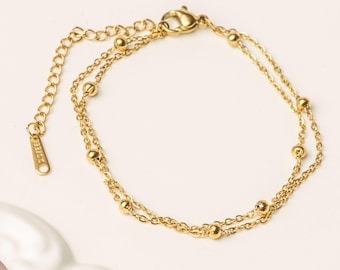Pulsera de cuentas de doble capa chapada en oro de 18 quilates – Cadena satélite de acero inoxidable que no se deslustra