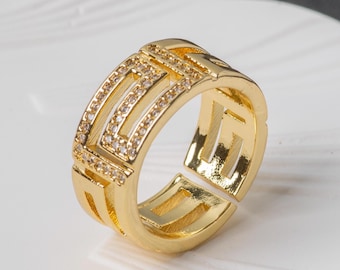 18K Gold Plated Greek Key Ring, Stainless Steel Pave Band