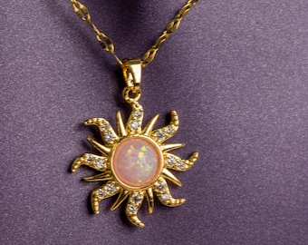 Collar de acero inoxidable dorado con ópalo rosa y efecto sol, cadena de espejo que no se deslustra, regalo celestial