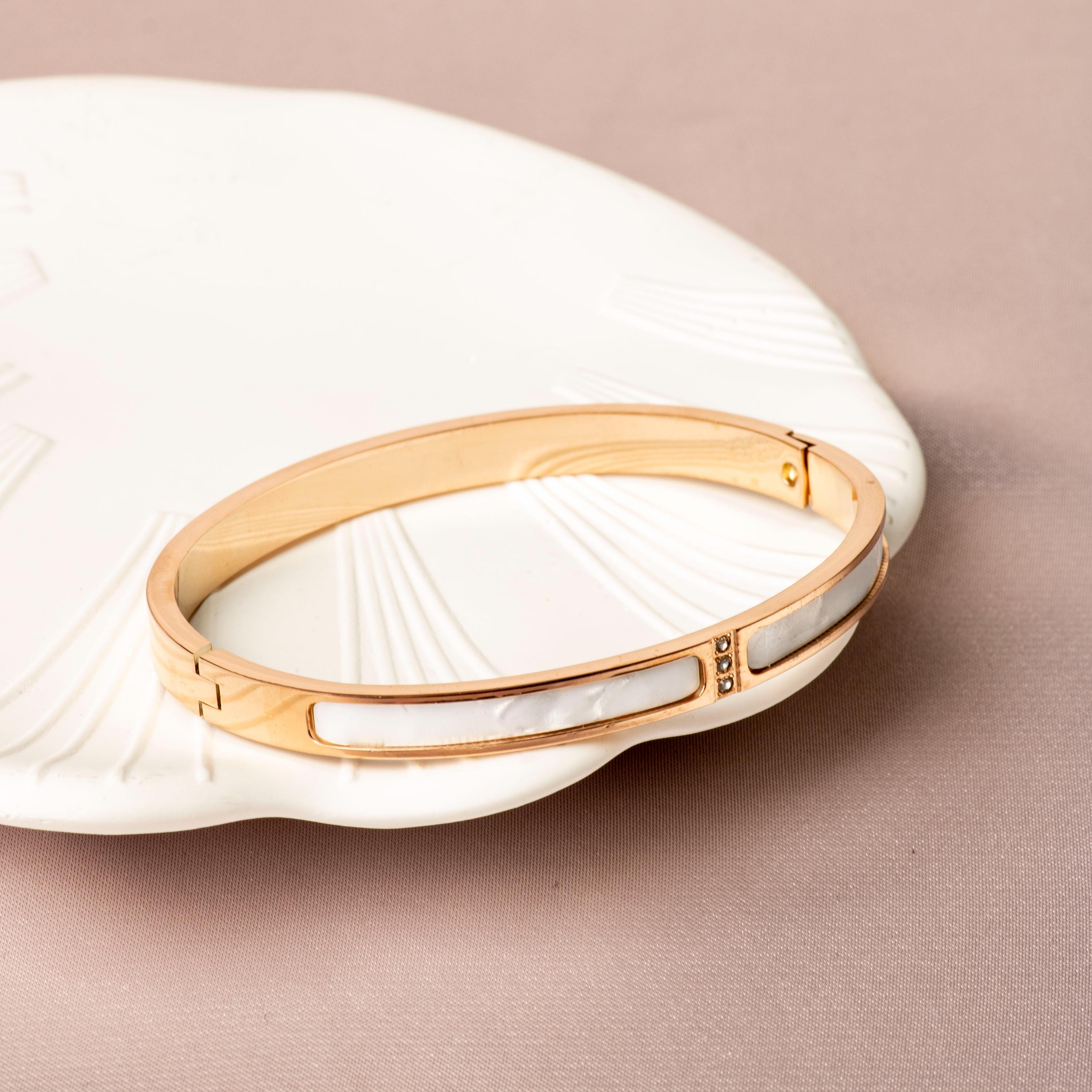 Pearl Inlay Bangle Bracelet: 18K Gold Plated, Crystal Accent, Tarnish ...