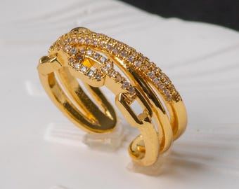 Pave Gold Stainless Steel Multi Layer Open Ring Non Tarnish Statement Gift