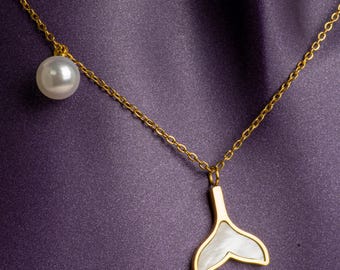 Collar con colgante de cola de ballena chapado en oro de 18 quilates y nácar, acero inoxidable, regalo con temática oceánica.