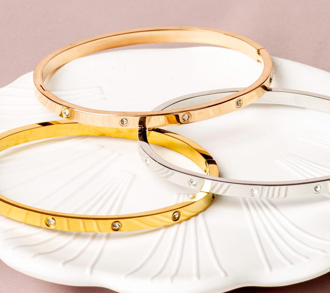 Chevron Engraved Bangle: 18K Gold Silver and Rose Gold Stainless Steel ...