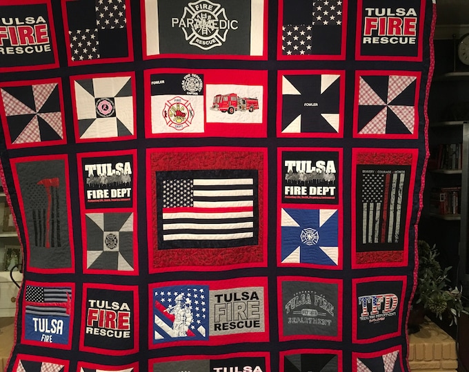Personalized Firefighter T-Shirt Quilt - Custom Memory Blanket Memory Tshirt Quilts, T-Shirt Quilt