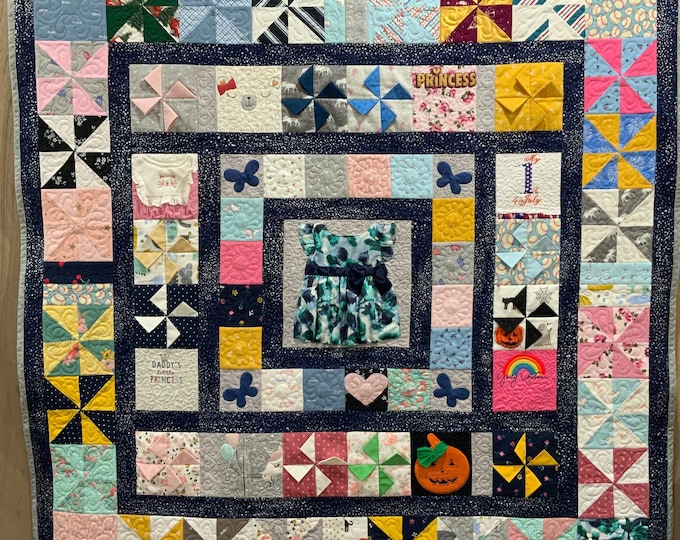 Memory Quilt from baby or children’s clothes!  Free Motion Quilted Not Tied! Each Block Quilted!