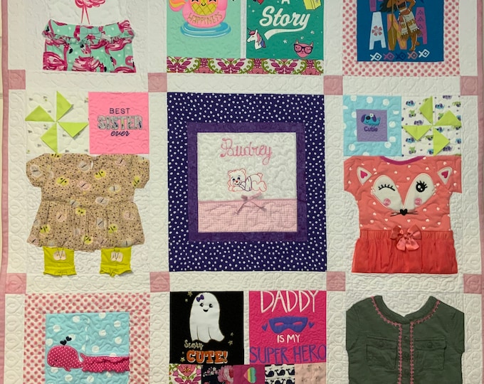 Memory Quilt from baby or children’s clothes!  Free Motion Quilted Not Tied! Each Block Quilted!