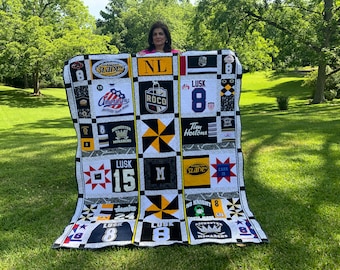 Personalized Memory Blanket Crafted from T-Shirt Jerseys Memory T-shirt Quilts Free Motion Quilted Not Tied!  Each Block Quilted!