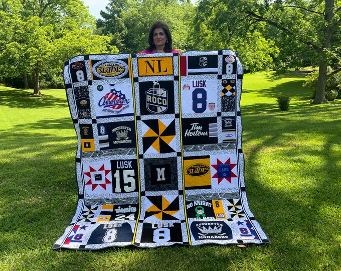 Personalized Memory Blanket Crafted from T-Shirt Jerseys Memory T-shirt Quilts Free Motion Quilted Not Tied!  Each Block Quilted!