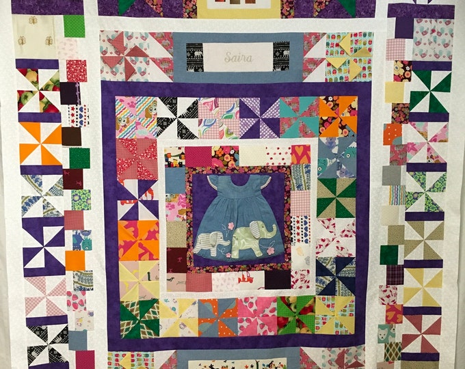 Memory Quilt from baby or children’s clothes! Free Motion Quilted Not Tied! Each Block Quilted!