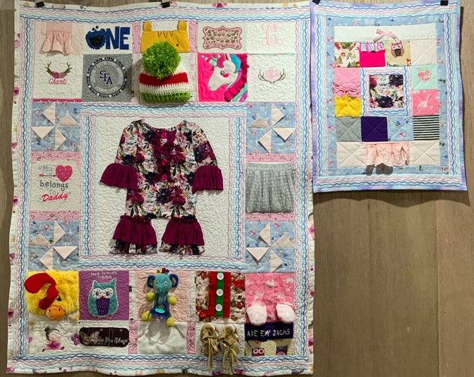 Memory Quilt from baby or children’s clothes!  Free Motion Quilted Not Tied! Each Block Quilted! Baby Doll quilt to match!!!