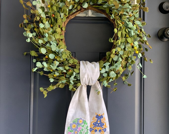 Custom Monogrammed Sash Easter Egg  Wreath Sash - Spring Door Decor Handcrafted Easter Sash Monogram Wreath Easter Egg (wreath not included)