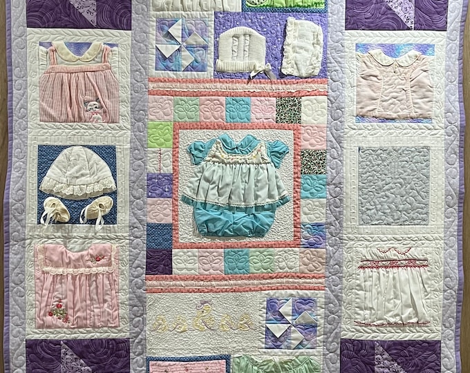 Memory Quilt from baby or children’s clothes!  Free Motion Quilted Not Tied! Each Block Quilted!