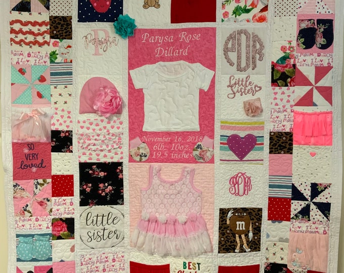Memory Quilt from baby or children’s clothes!  Free Motion Quilting Not Tied!  Each Block Quilted!