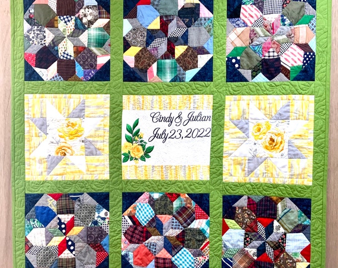 Custom Made Wedding or Anniversary Quilt Wall Hanging Made with Great Grandmothers Hand Stitched Quilt Block.