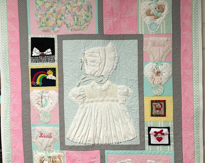 Custom Baby Clothing Memory Quilt - Sentimental Keepsake Memory Quilt from baby or children’s clothes!  Each Block Quilted!