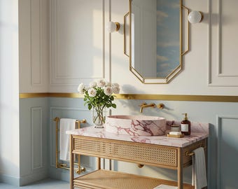 Fluted Pink Violet Marble Sink Basin – Stone Bathroom Sink Vanity with Wooden Base, Modern Interior Design for Powder Room Vanity M10F25