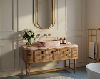Pink Violet Marble Bathroom Sink – Natural Stone Vanity Top Sink with Cane Wooden Base, Luxury Powder Room Marble Sink Basin M10F32